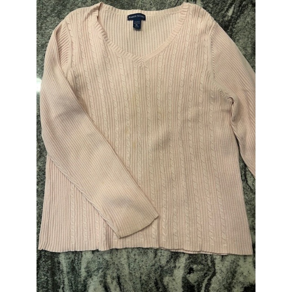 Karen Scott Sweater Womens XL Pink Cable Knit V-Neck Cotton Long Sleeve